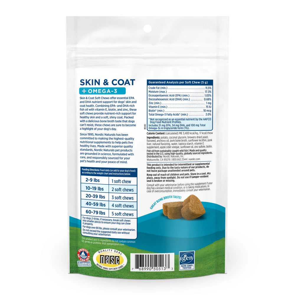 Skin & Coat + Omega-3 – 30 Soft Chews for Dogs (Bone Broth Flavor)