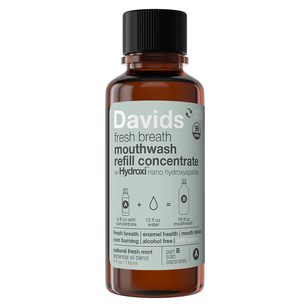 Davids Fresh Breath Mouthwash – Alcohol-Free Refill Kit with Nano Hydroxyapatite (Peppermint, 16 oz / 473 mL + Glass Bottle)