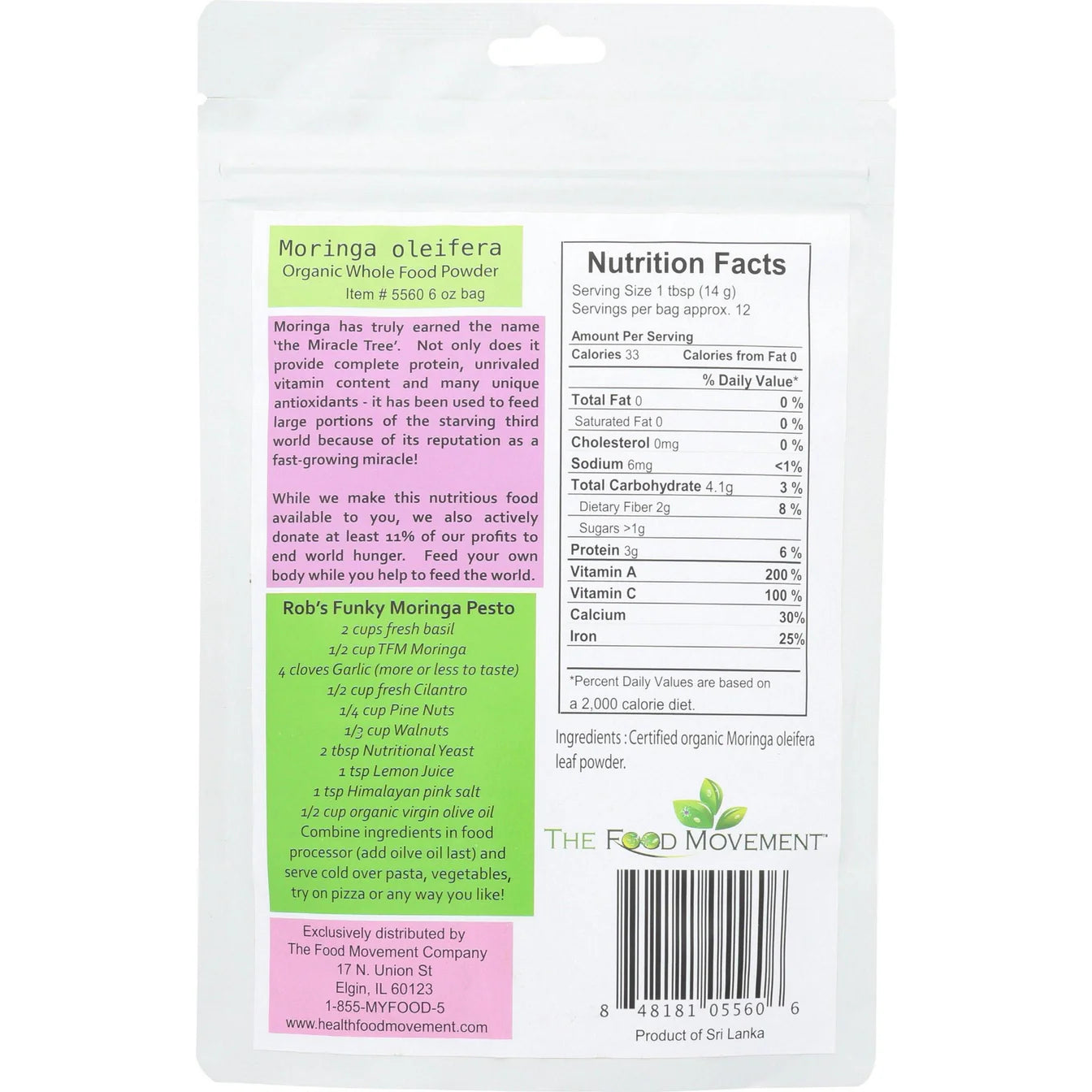 The Food Movement Moringa Leaf Powder ‑ Raw, Organic – 6 oz pouch