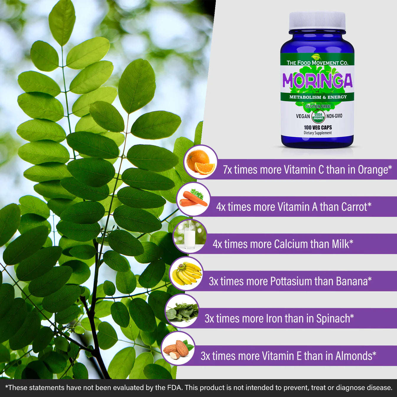 The Food Movement Moringa, Organic – 100 Veg Caps