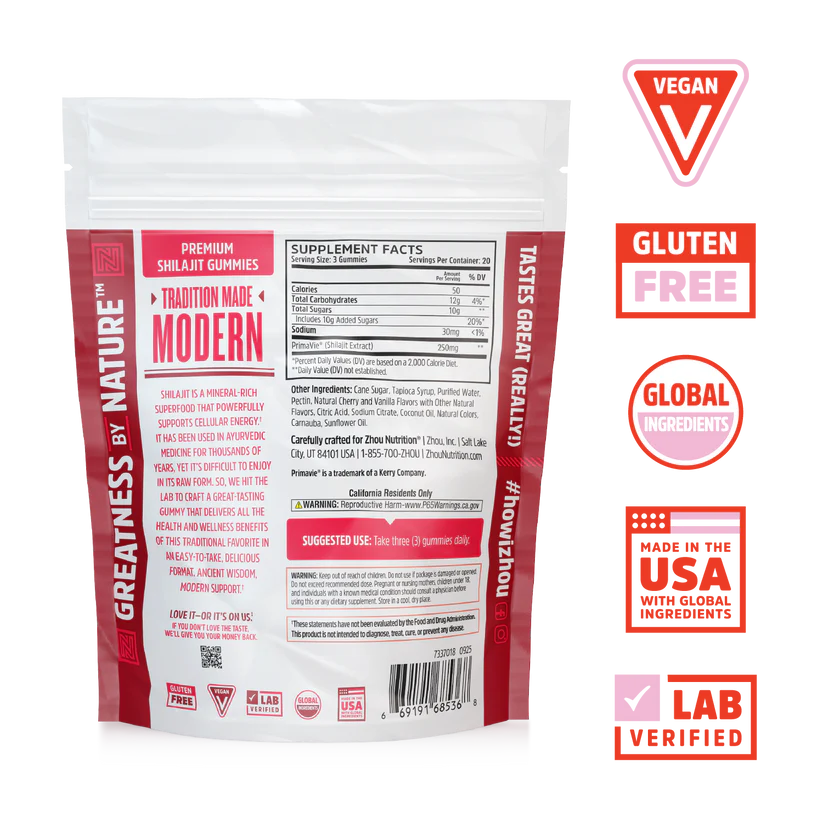 Shilajit Gummies – Natural Cherry Vanilla (60 Gummies/20 Servings)