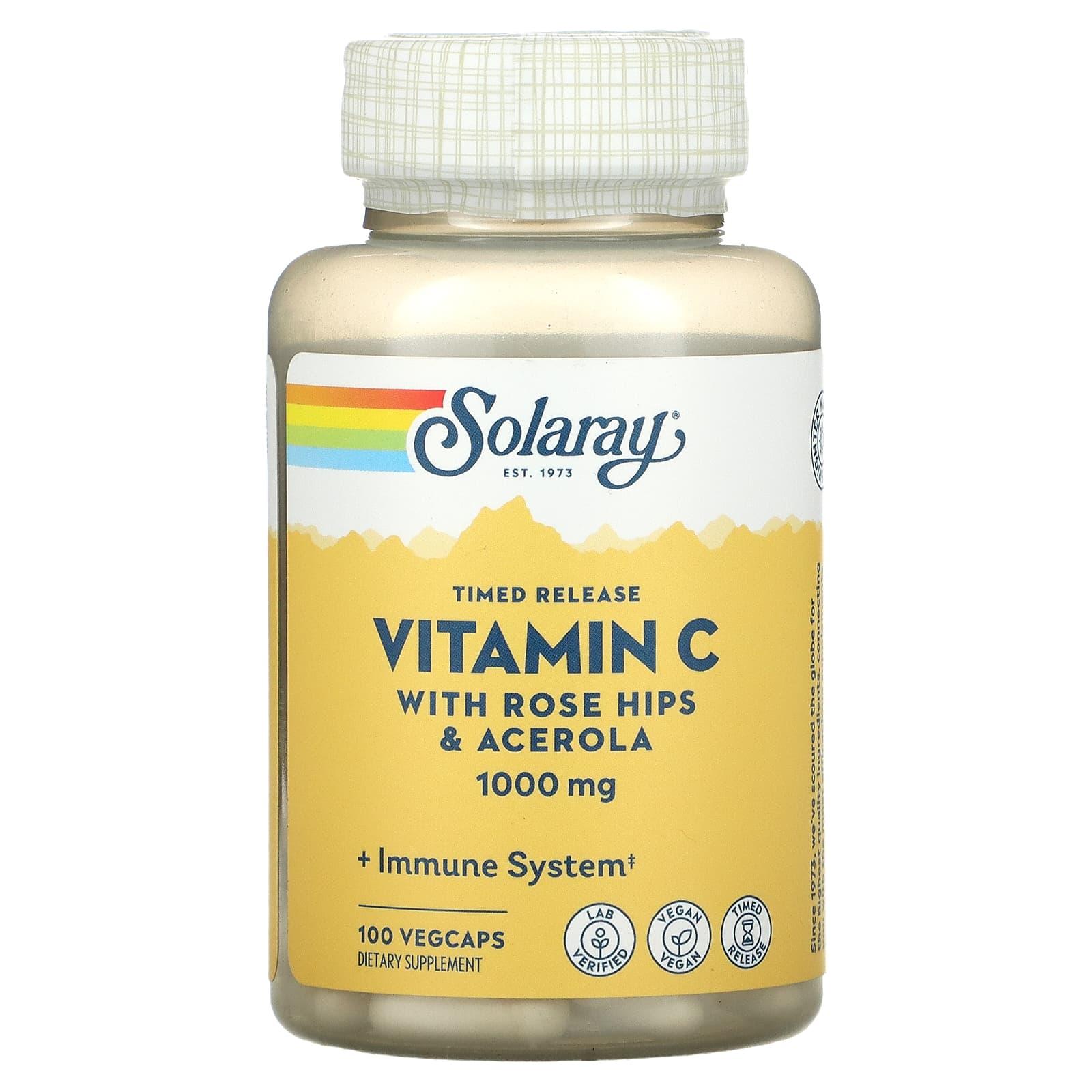 Solaray Timed Release Vitamin C with Rose Hips & Acerola – 1,000 mg, 100 VegCaps