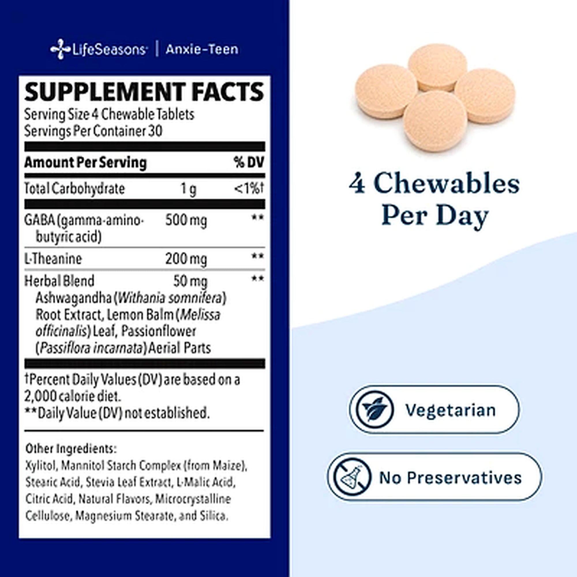 LifeSeasons Anxie-Teen™ Focus + Stress (120 Chewable Tablets)