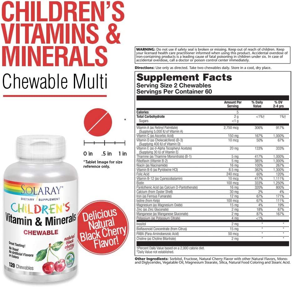Solaray Kids Vitamins & Minerals Chewable, Natural Black Cherry Flavor – 120 Chewables